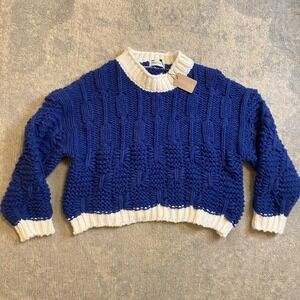 Vestique Jaycee Sweater Womens Medium Navy Cable Knit Crewneck Contrast Trim